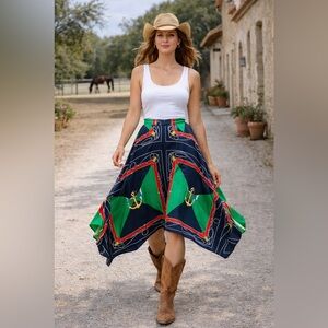 Lauren Ralph Lauren Equestrian Print Midi Skirt Navy Green Flowy Size 8P Boho